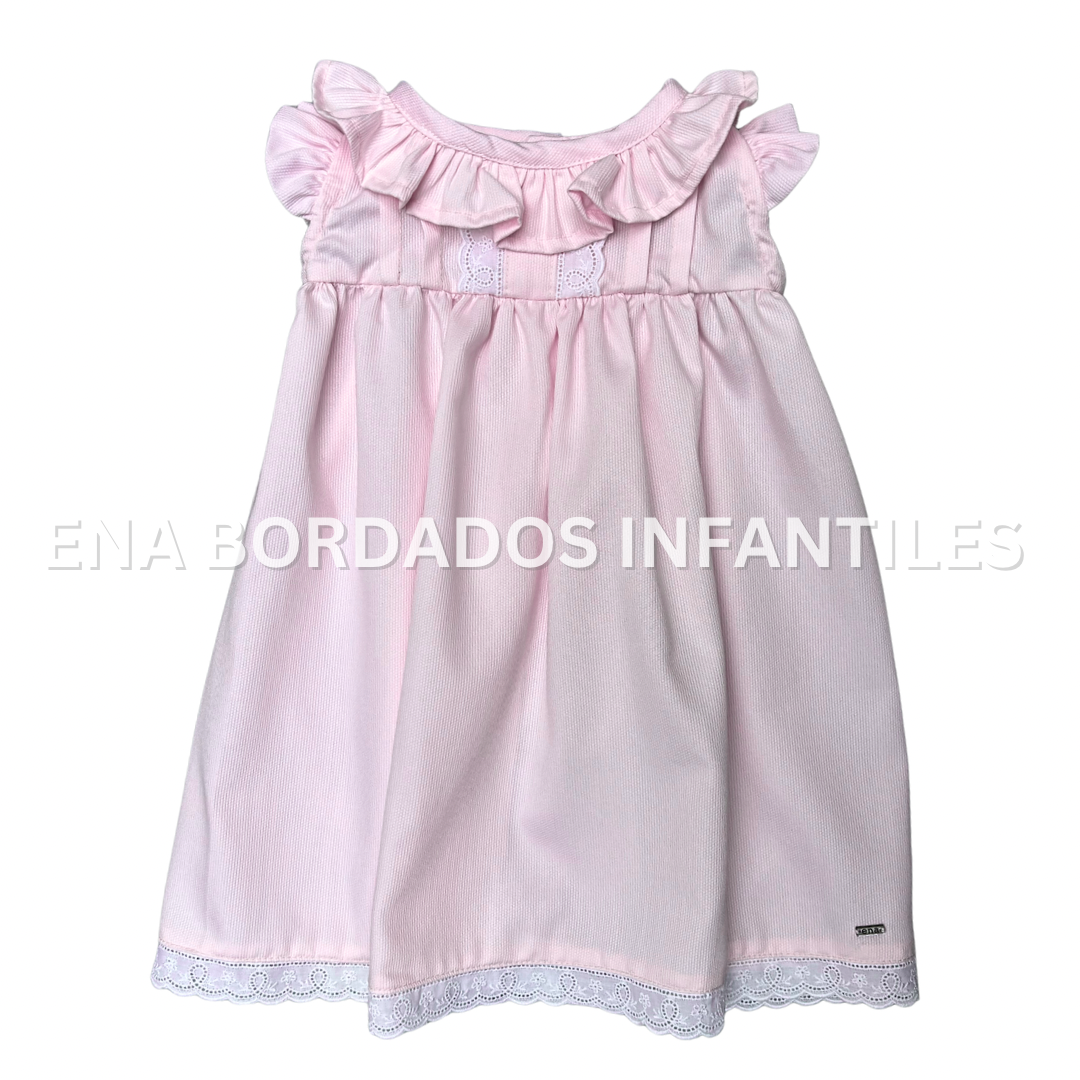 Vestido piqué rosado pálido alforzas y tira bordada 9 meses