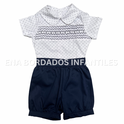 Trajecito camisa puntos azules panal con short bombacho