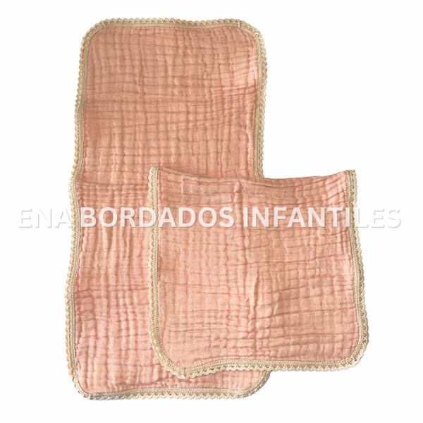 Juego de 2 saca aires doble gasa rosa vieja con encaje crudo