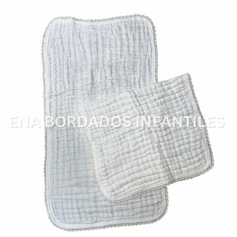 Juego de 2 saca aires doble gasa blanco con orilla de crochet