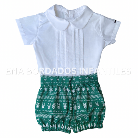 Camisa alforzas con short verde navideño 12 meses