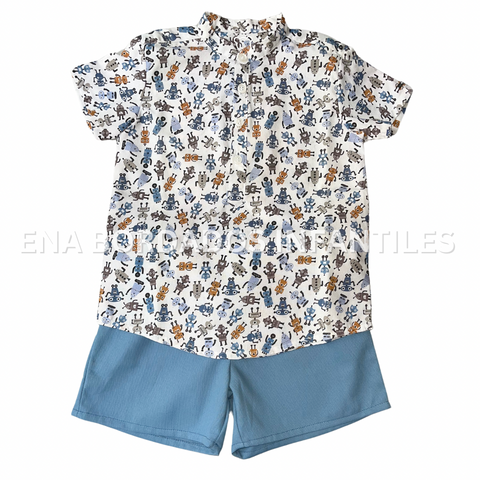 Camisa robots con short piqué azul claro 3 años