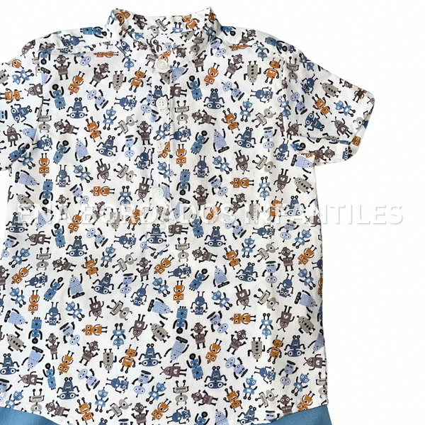 Camisa robots con short piqué azul claro 3 años