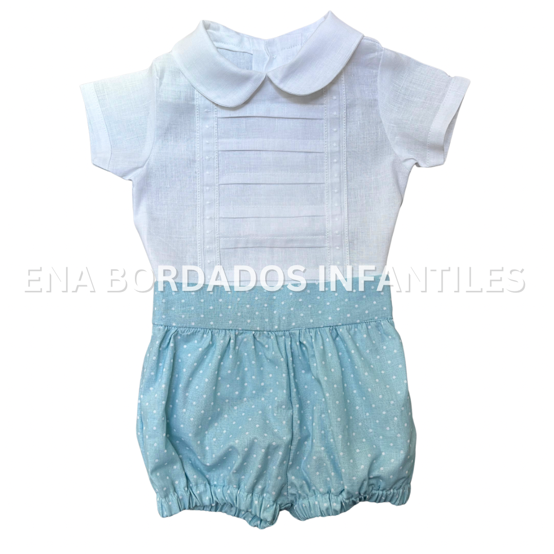 Camisa alforzas con tira bordada con short celeste puntos blancos 6 meses