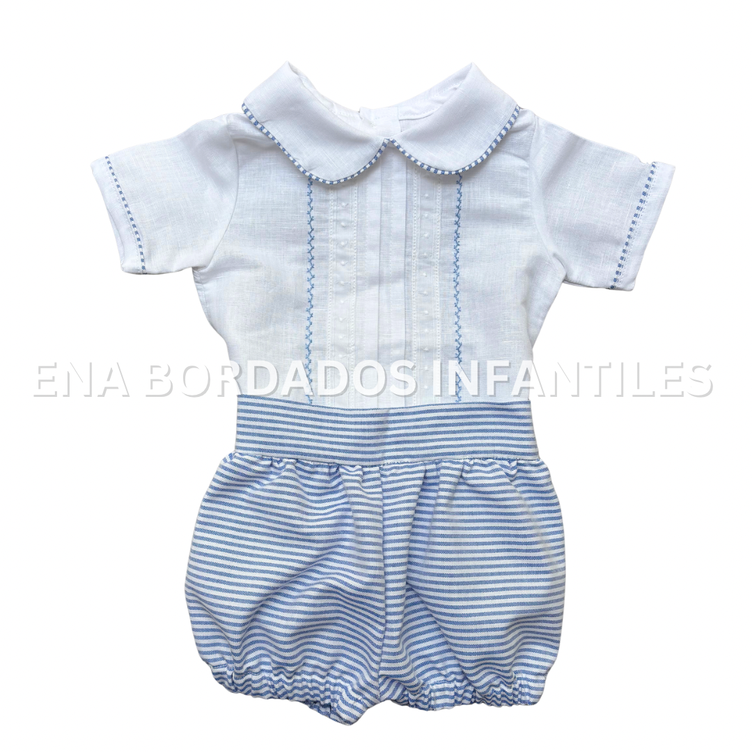 Camisa de lino con tira bordada y short rayas azules 9 meses