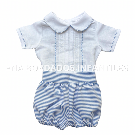 Camisa de lino con tira bordada y short rayas azules 9 meses