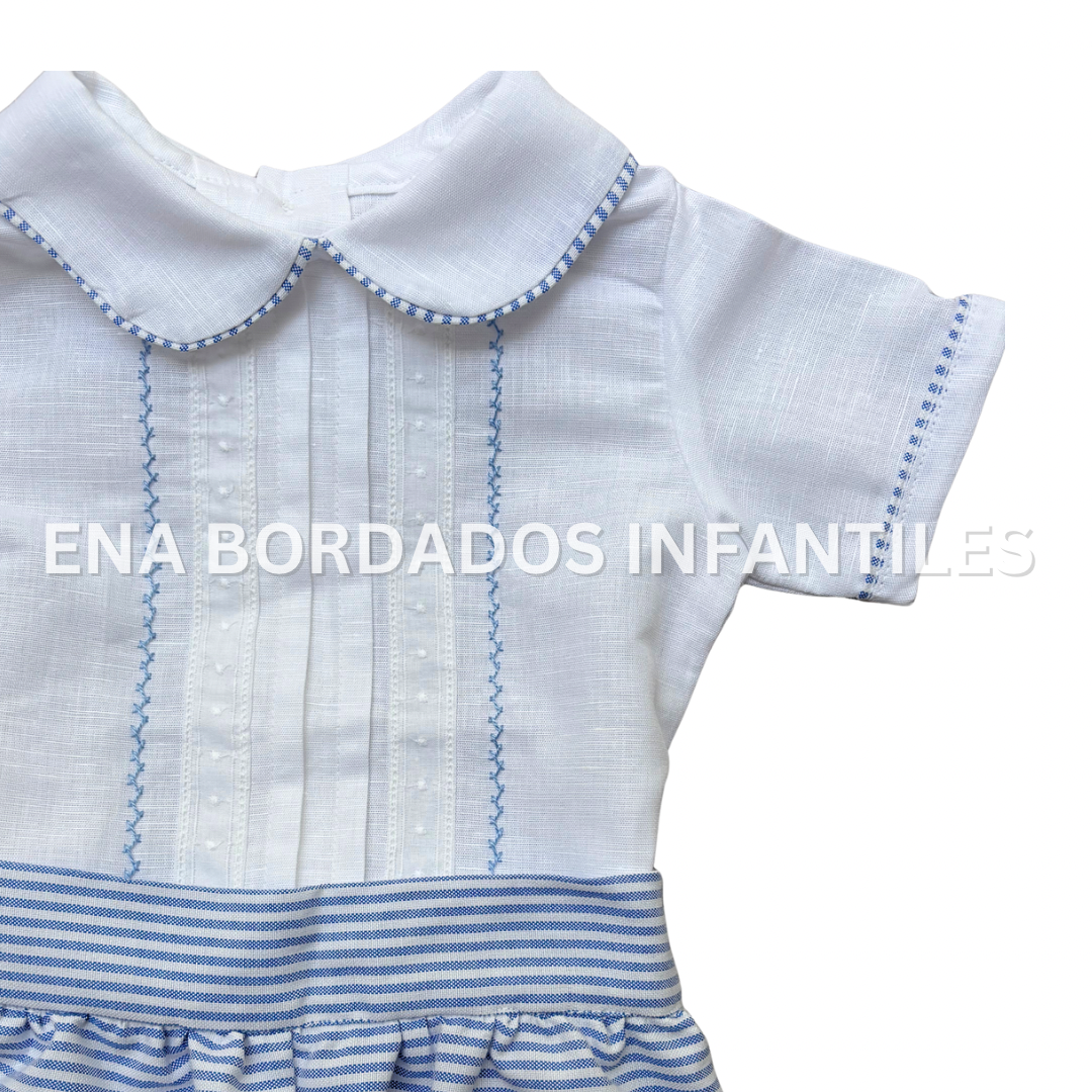 Camisa de lino con tira bordada y short rayas azules 9 meses