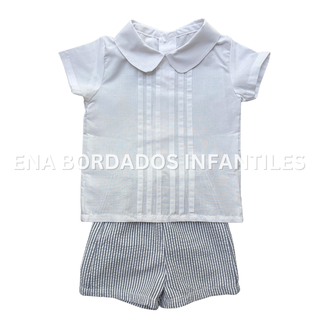 Camisa alforzas con short recto seersucker rayas azules 2 años