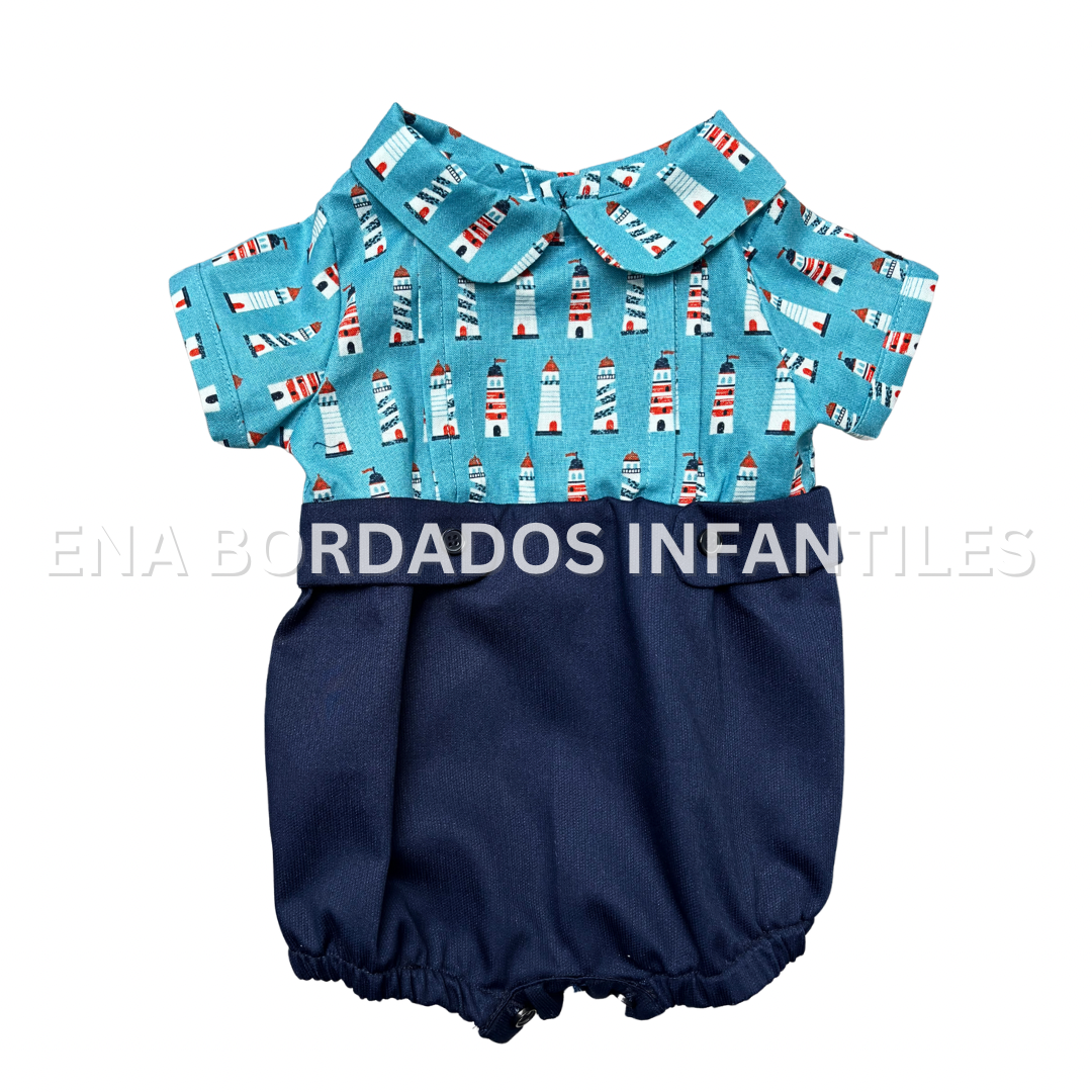 Mameluco estampado faro con piqué azul 3 meses