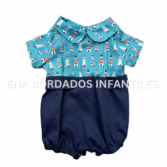 Mameluco estampado faro con piqué azul 3 meses