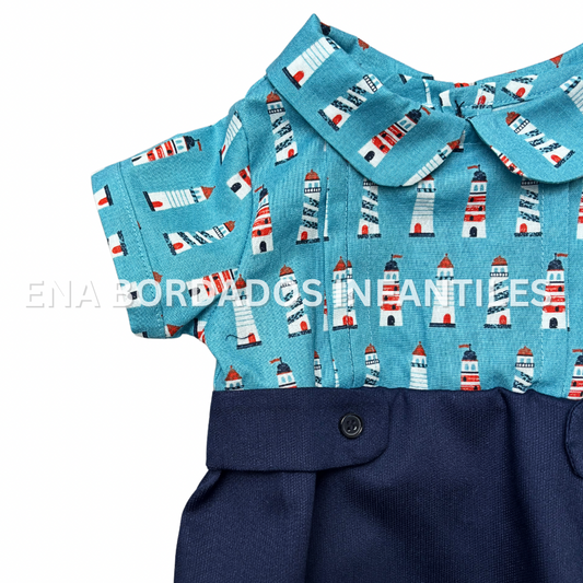 Mameluco estampado faro con piqué azul 3 meses