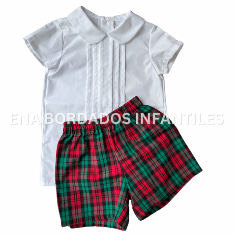 Camisa Alforzas con short cuadriculado verde y rojo 5 años