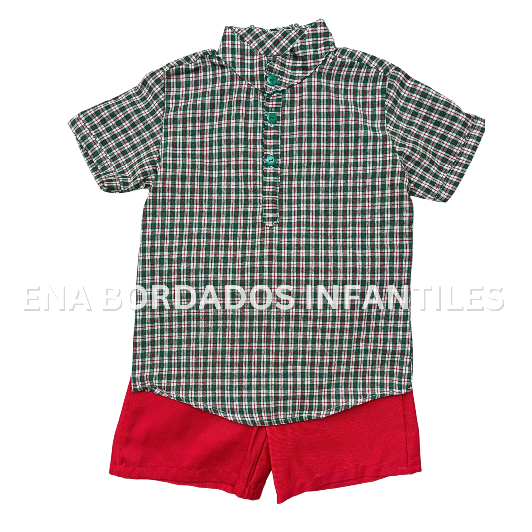 Trajecito camisa cuadriculada con short rojo