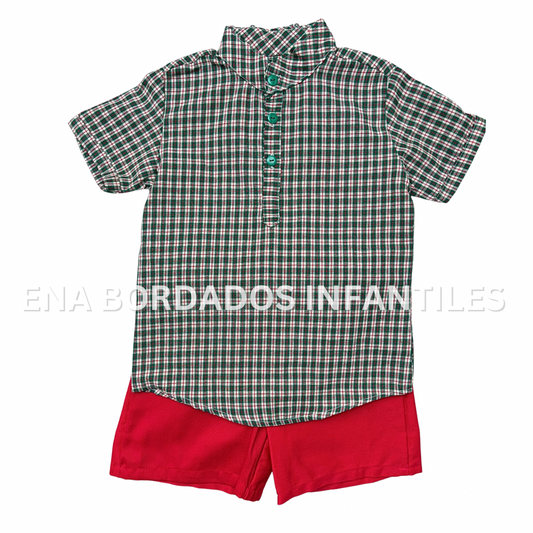Trajecito camisa cuadriculada con short rojo