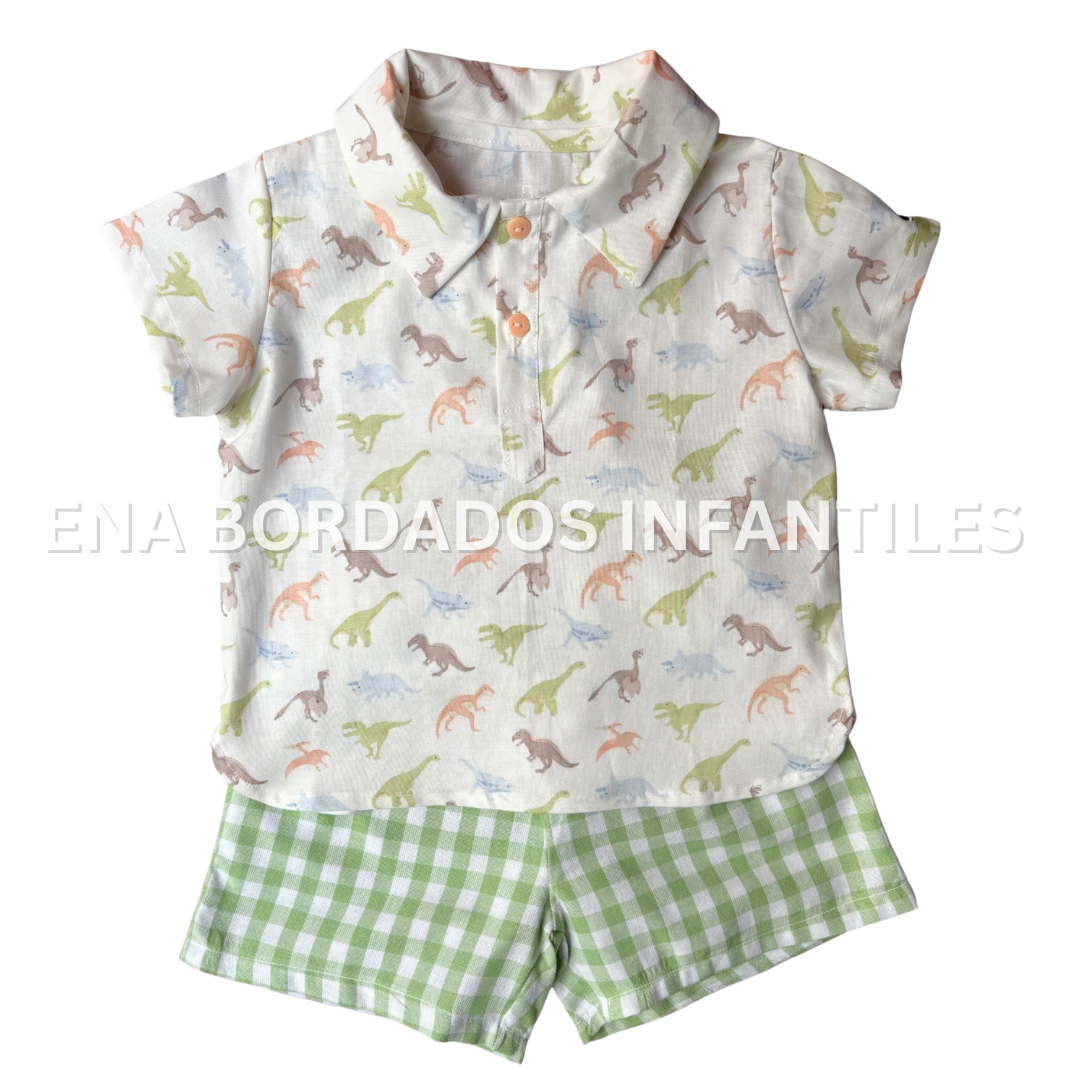 Camisa dinosaurios con short cuadriculado verde