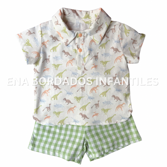 Camisa dinosaurios con short cuadriculado verde