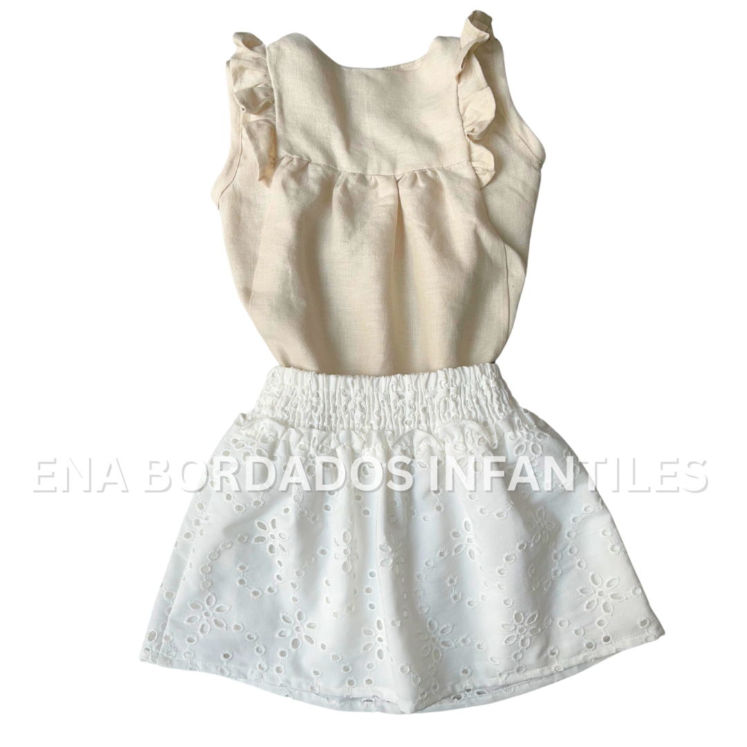 Blusa lino beige con falda bordado inglés