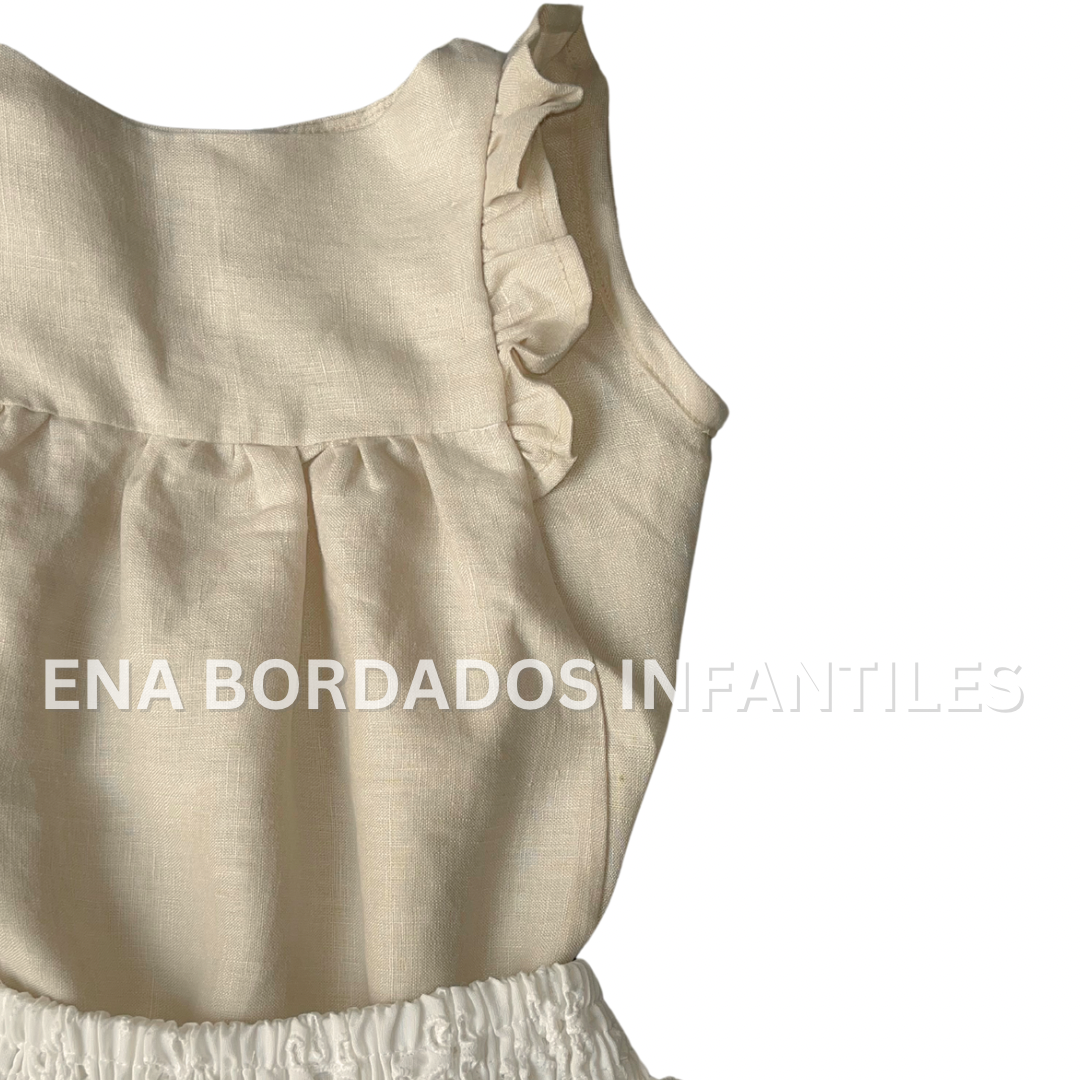 Blusa lino beige con falda bordado inglés