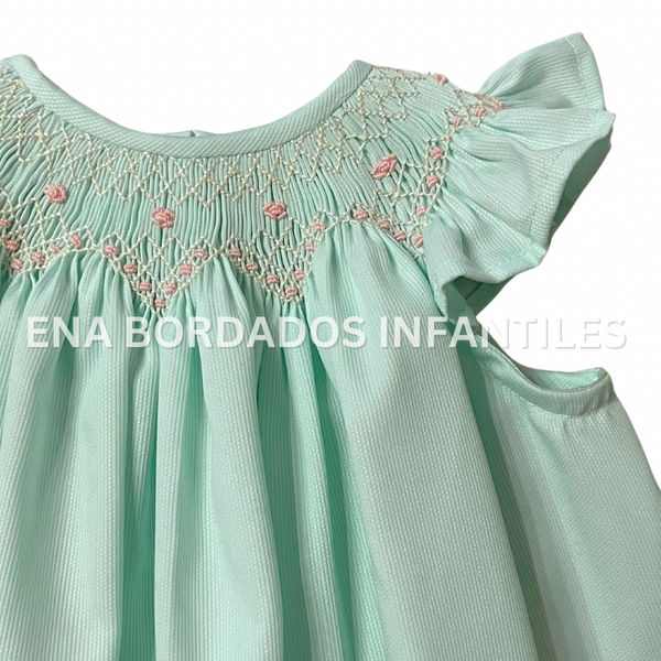 Bishop piqué verde menta con panal rosado