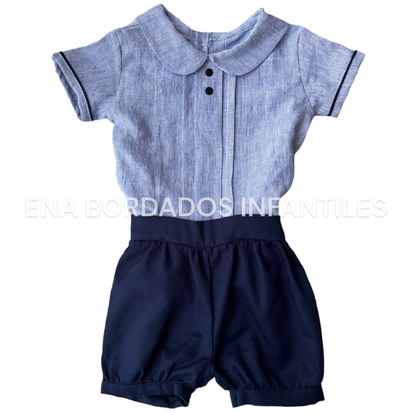 Camisa Lino rayitas azules con short piqué