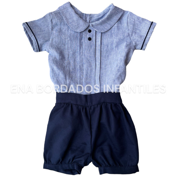 Camisa Lino rayitas azules con short piqué