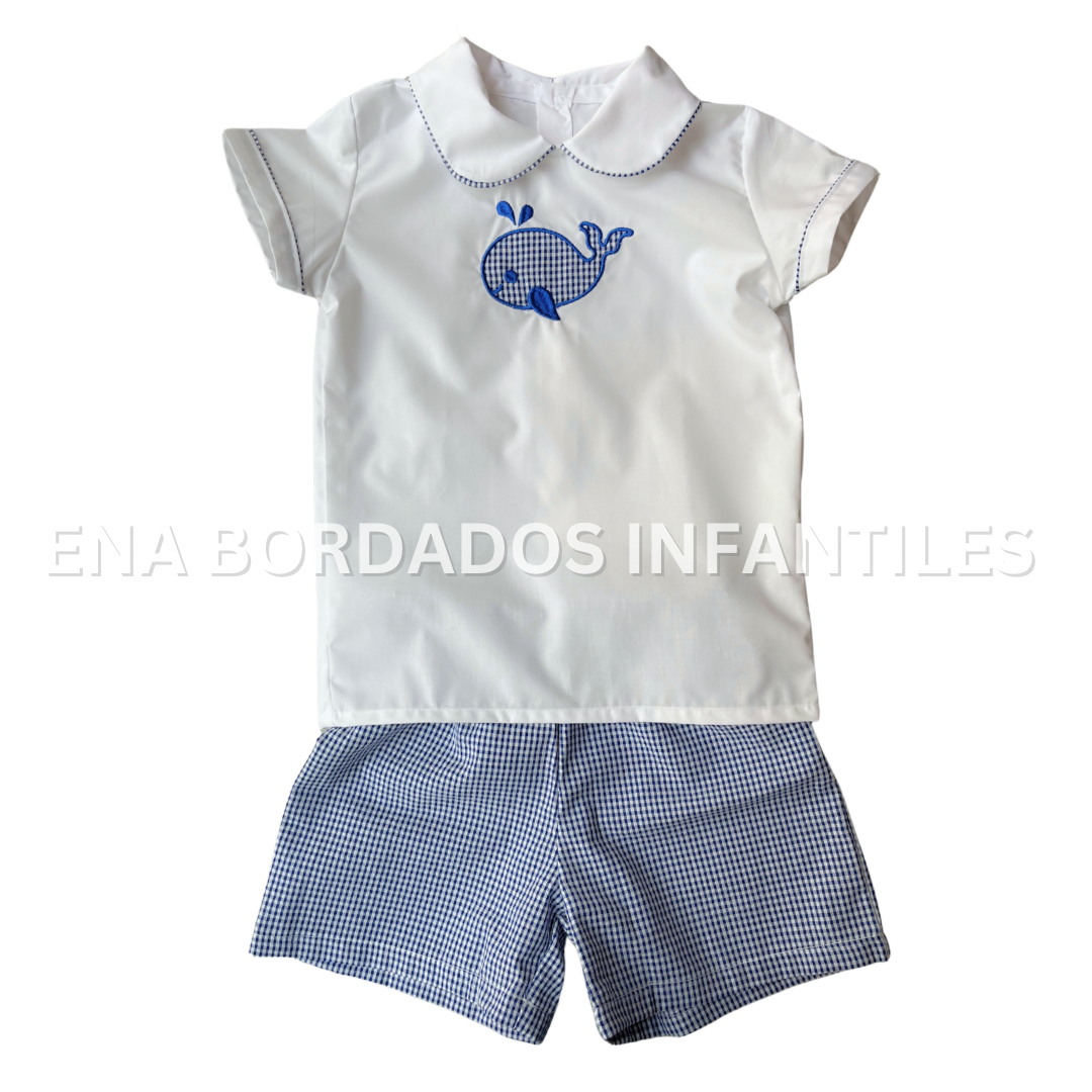 Camisa ballenita con short seersucker azul