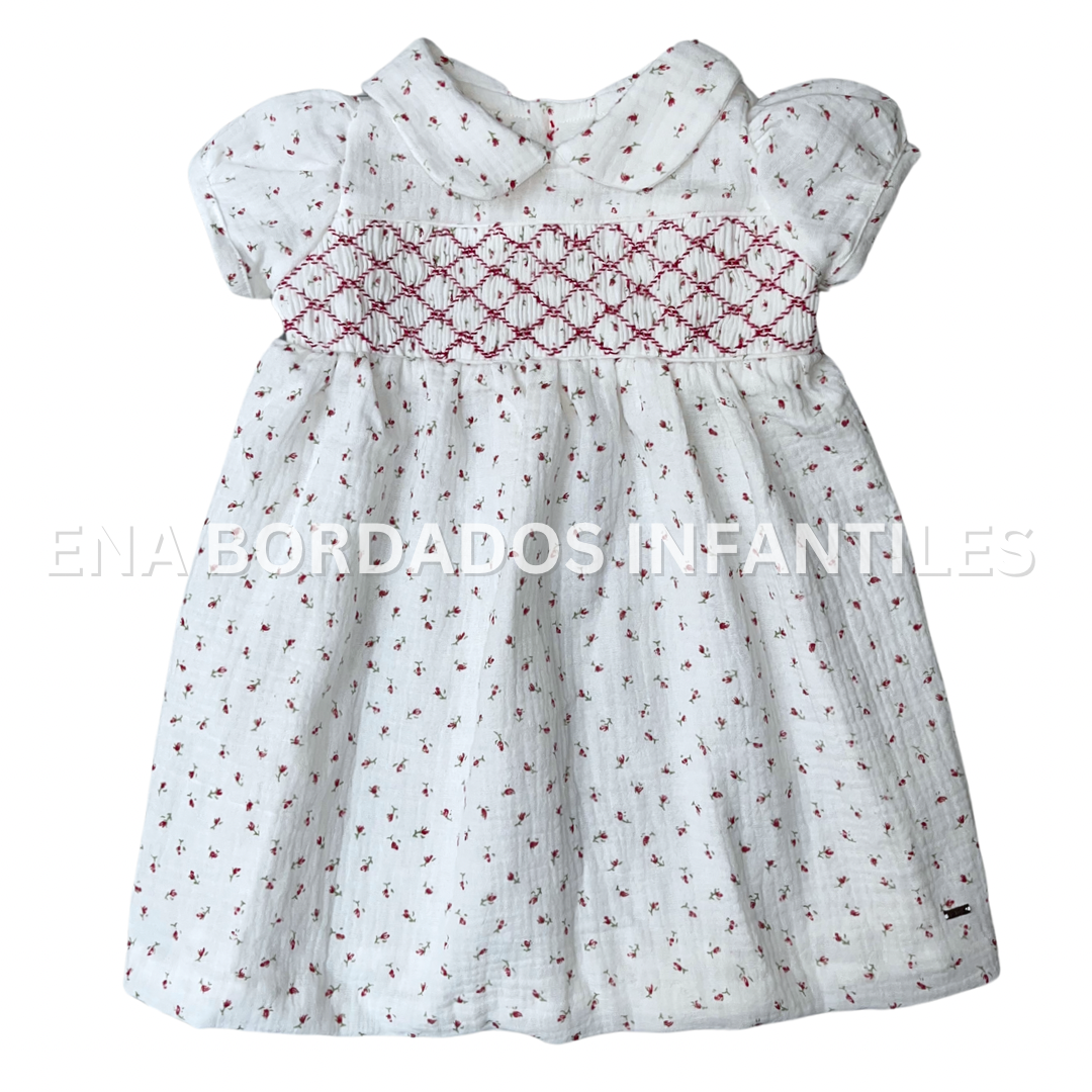 Vestido panal gasa blanca con rosas rojas