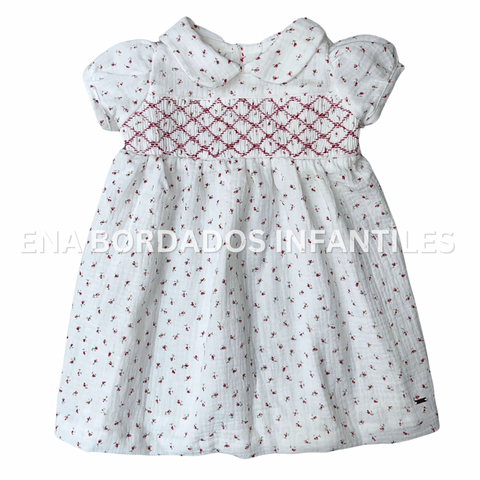 Vestido panal gasa blanca con rosas rojas