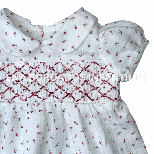 Vestido panal gasa blanca con rosas rojas