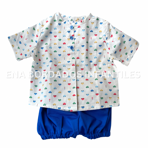 Trajecito camisa carritos y short bombacho azul