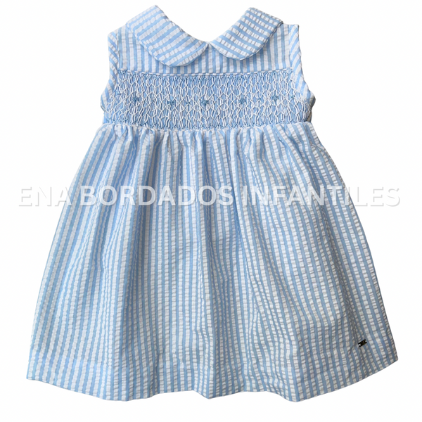Vestido seersucker rayas celeste con panal