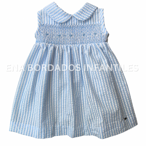 Vestido seersucker rayas celeste con panal