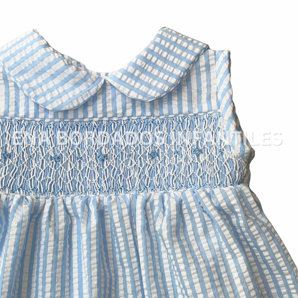 Vestido seersucker rayas celeste con panal