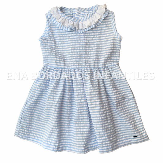 Vestido seersukcer rayas celeste con tira bordada