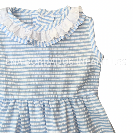 Vestido seersukcer rayas celeste con tira bordada