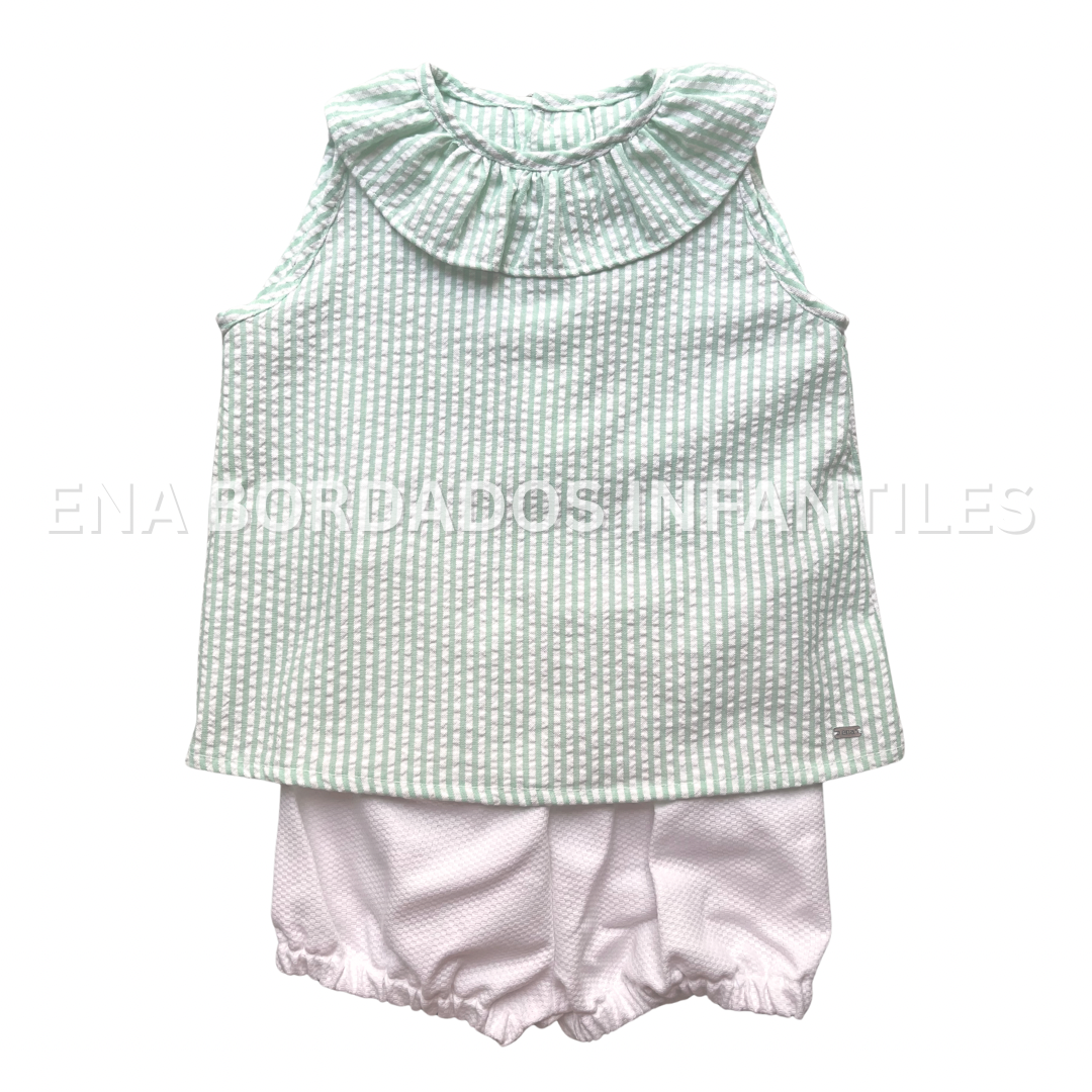 Blusa seersucker rayas verdes con short piqué blanco 18 meses