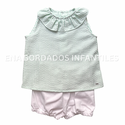 Blusa seersucker rayas verdes con short piqué blanco 18 meses