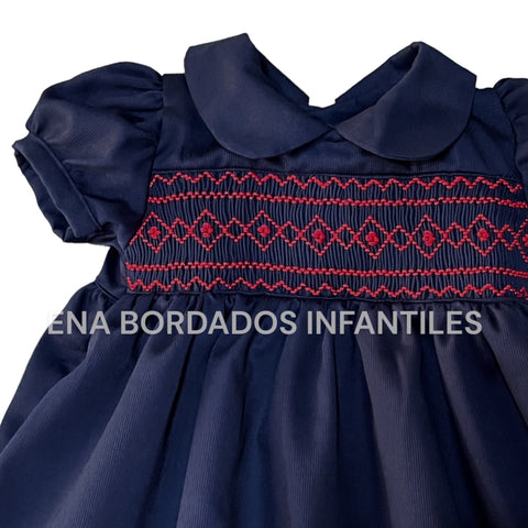 Vestido piqué azul marino panal rojo