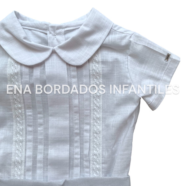 Camisa alforzas y tira bordada short piqué gris 12 meses