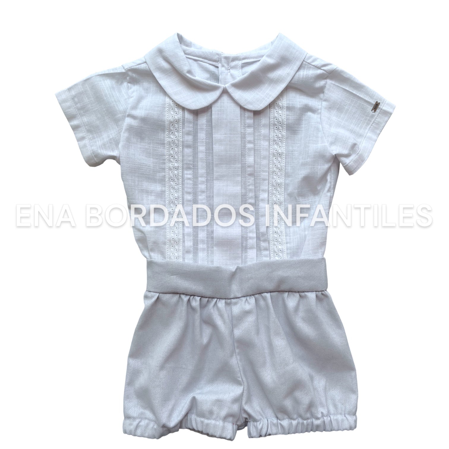 Camisa alforzas y tira bordada short piqué gris 12 meses