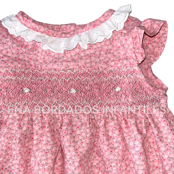 Vestido rosado flores panal y tira bordada