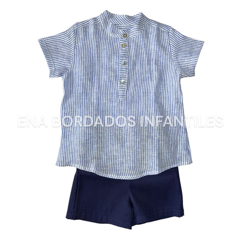 Camisa lino rayas azules con short piqué