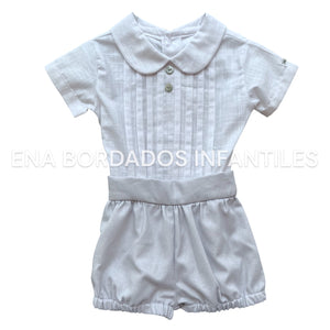 Camisa alforzas y short bombacho piqué gris 6 meses