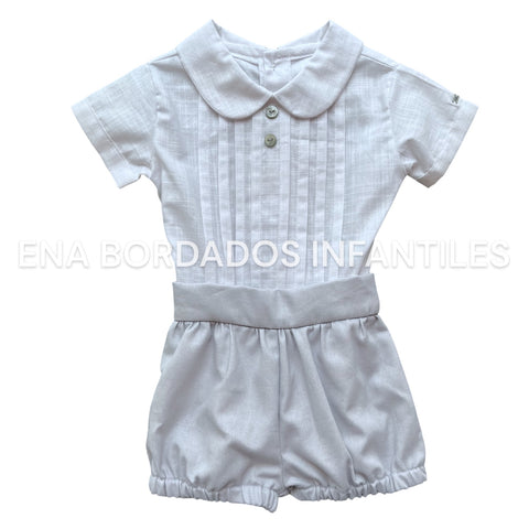 Camisa alforzas y short bombacho piqué gris 6 meses