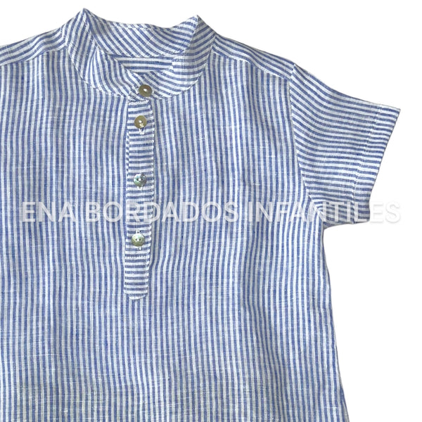 Camisa lino rayas azules con short piqué