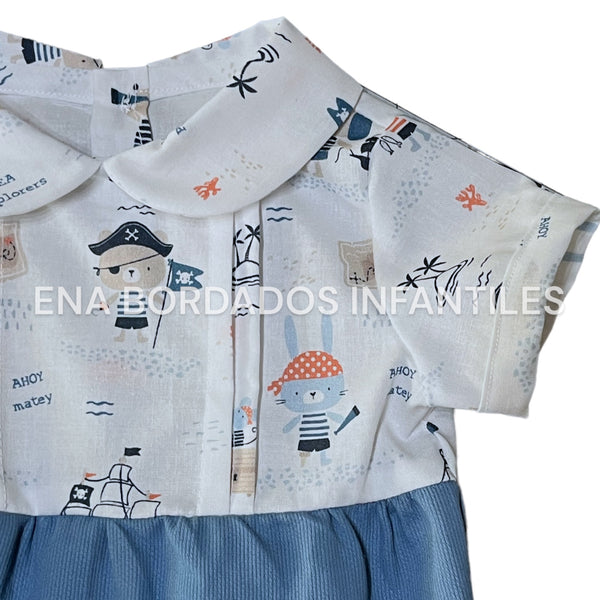 Mameluco estampado marinero con piqué celeste
