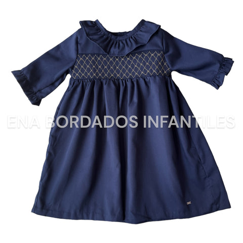 Vestido piqué azul con panal dorado manga 3/4