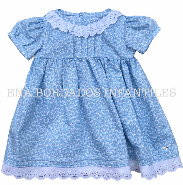 Vestido piqué flores celeste tira bordada 9 meses