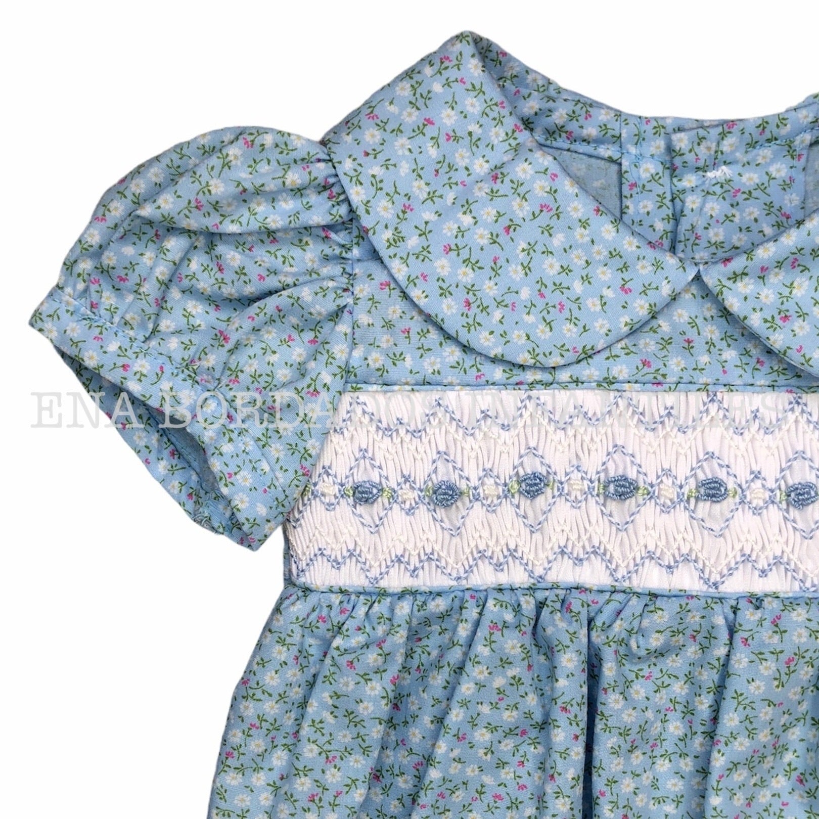 Vestido celeste flores con panal 6 meses