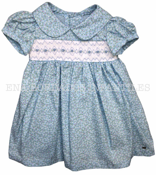 Vestido celeste flores con panal 6 meses